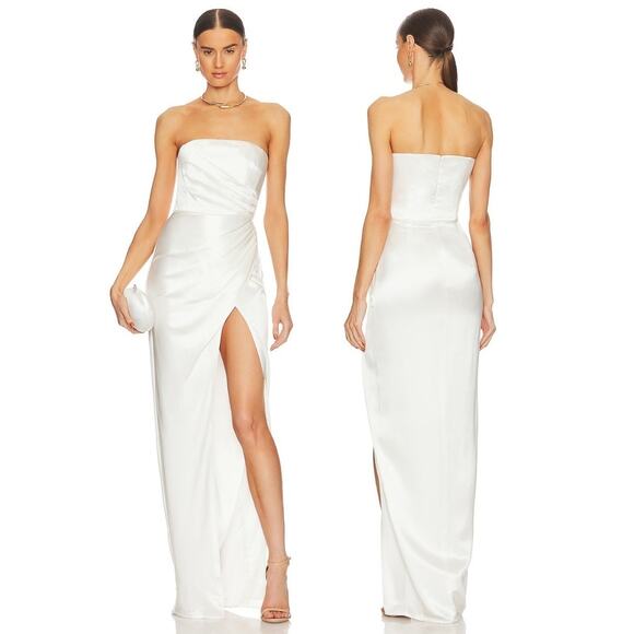Sau Lee Priyanka Strapless Gown Maxi Dress Satin Ruched Side Slit Bridal Ivory 2 - Picture 1 of 12